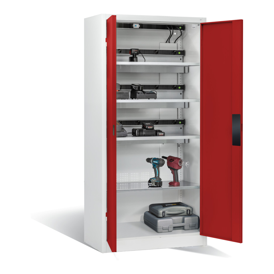 Armoire pour batteries C+P pour 15 outils éléctriques, H 1 950 x l 930 x P 500 mm, rouge rubis/gris clair