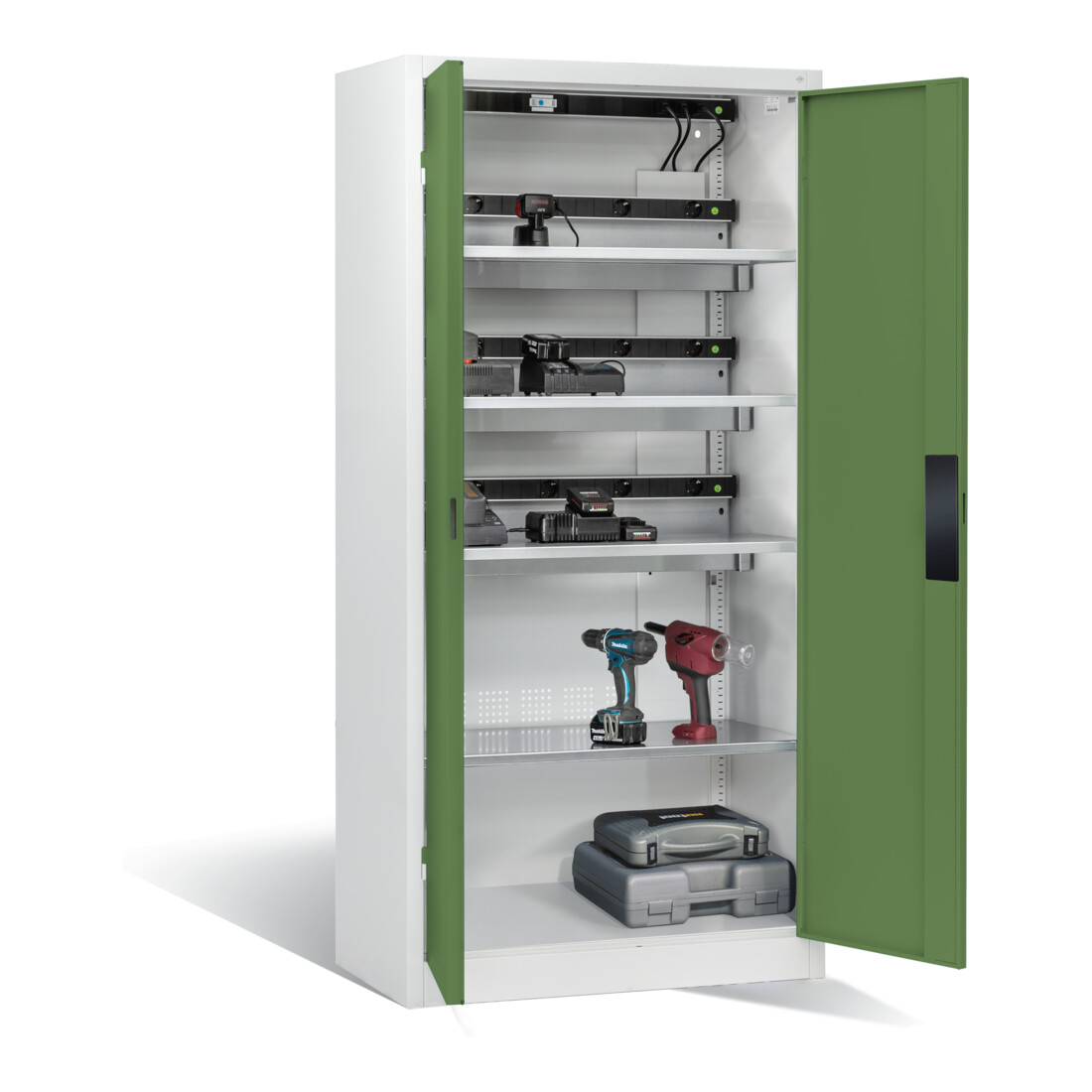 Armoire pour batteries C+P pour 15 outils éléctriques, H 1 950 x l 930 x P 500 mm, vert réséda/gris clair