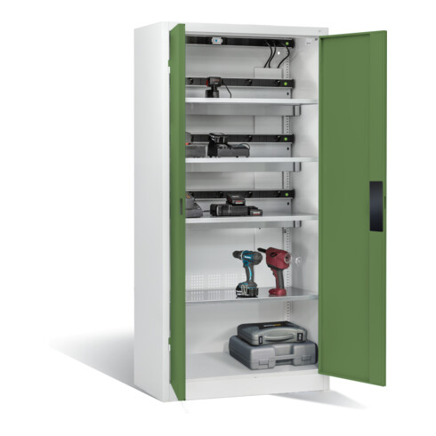 Armoire pour batteries C+P pour 15 outils éléctriques, H 1 950 x l 930 x P 500 mm, vert réséda/gris clair