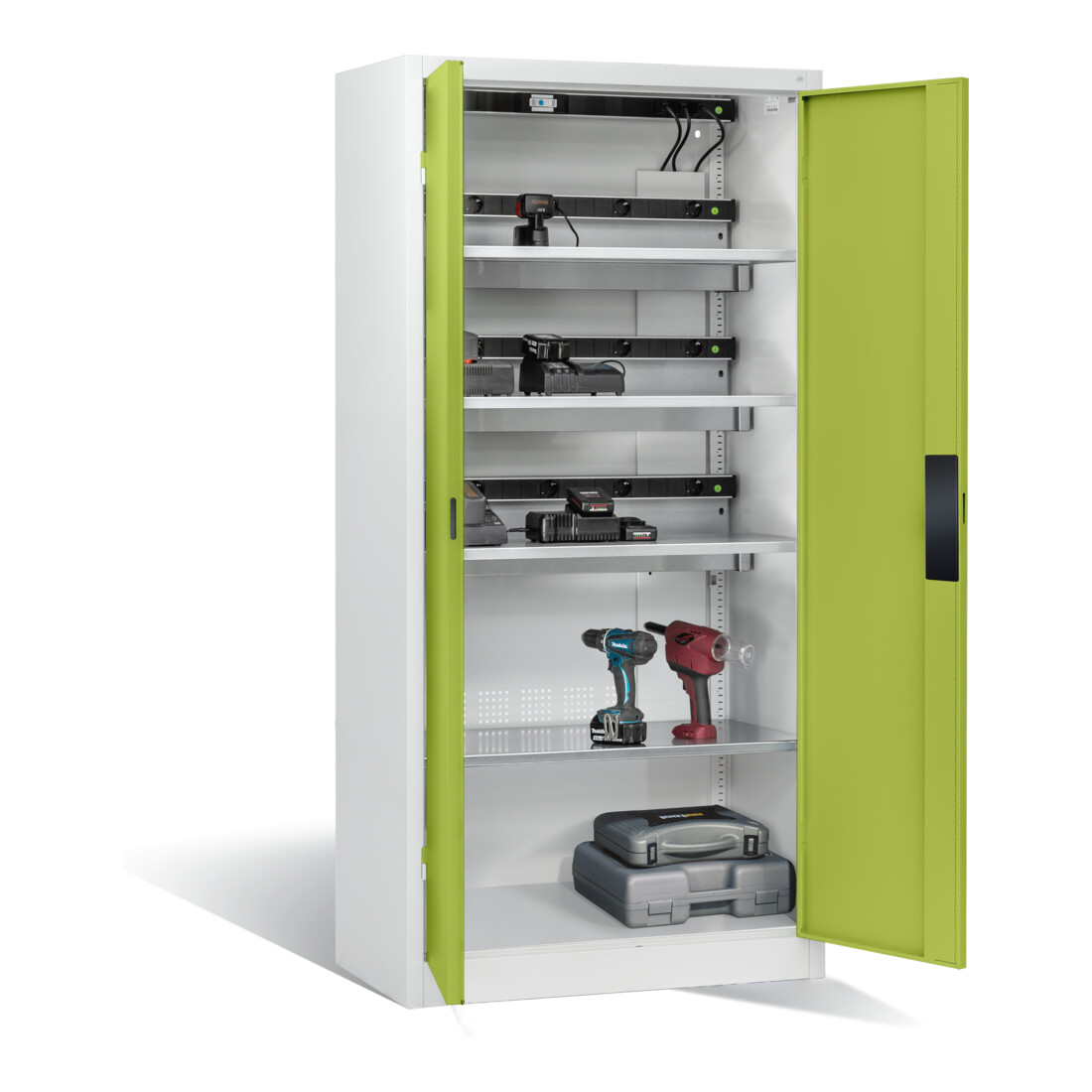 Armoire pour batteries C+P pour 15 outils éléctriques, H 1 950 x l 930 x P 500 mm, vert viridine/gris clair