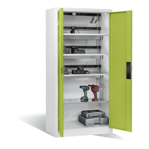 Armoire pour batteries C+P pour 15 outils éléctriques, H 1 950 x l 930 x P 500 mm, vert viridine/gris clair