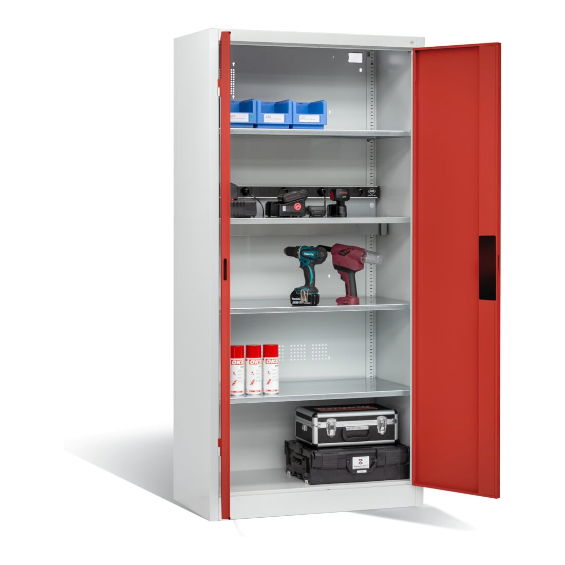 Armoire pour batteries C+P pour 5 outils éléctriques, H 1 950 x l 930 x P 500 mm, rouge feu/gris clair
