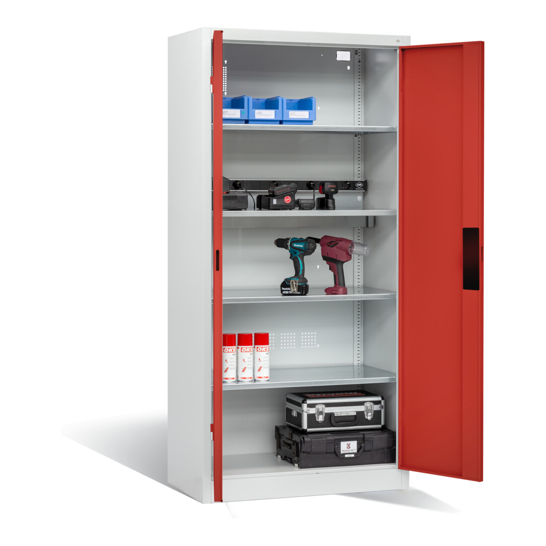 Armoire pour batteries C+P pour 5 outils éléctriques, H 1 950 x l 930 x P 500 mm, rouge feu/gris clair