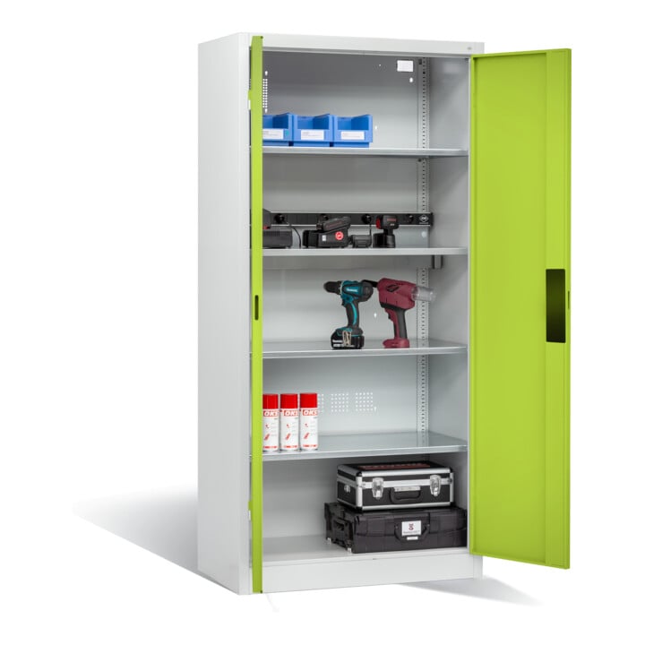 Armoire pour batteries C+P pour 5 outils éléctriques, H 1 950 x l 930 x P 500 mm, vert viridine/gris clair