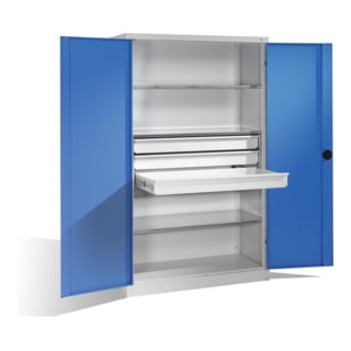 Armoire pour charges lourdes C+P avec portes battantes, 3 tablettes et 3 tiroirs, H1950xL1200xP500mm Façade bleu clair Corps gris clair
