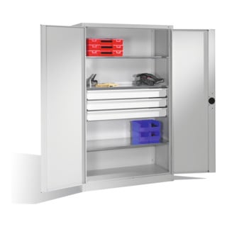 Armoire pour charges lourdes C+P avec portes battantes, 3 tablettes et 3 tiroirs, H1950xL1200xP500mm Façade gris clair Corps gris clair