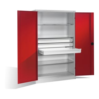 Armoire pour charges lourdes C+P avec portes battantes, 3 tablettes et 3 tiroirs, H1950xL1200xP500mm Façade rouge rubis Corps gris clair