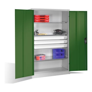 Armoire pour charges lourdes C+P avec portes battantes, 3 tablettes et 3 tiroirs, H1950xL1200xP500mm Façade vert réséda Corps gris clair