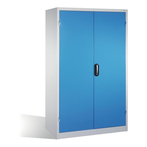 Armoire pour charges lourdes C+P avec portes battantes, 3 tablettes et 3 tiroirs, H1950xL1200xP600mm Façade bleu clair Corps gris clair