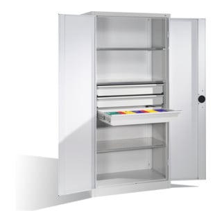 Armoire pour charges lourdes C+P avec portes battantes, 3 tablettes et 3 tiroirs, H1950xL930xP500mm Façade gris clair Corps gris clair