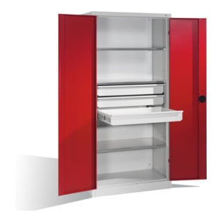 Armoire pour charges lourdes C+P avec portes battantes, 3 tablettes et 3 tiroirs, H1950xL930xP500mm Façade rouge rubis Corps gris clair