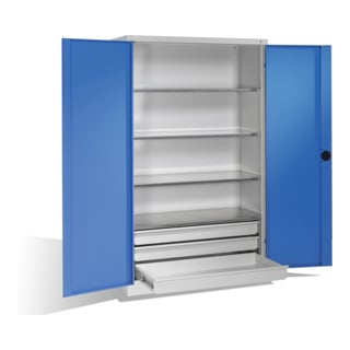 Armoire pour charges lourdes C+P avec portes battantes, 4 tablettes et 3 tiroirs, H1950xL1200xP500mm Façade bleu clair Corps gris clair