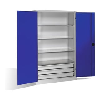 Armoire pour charges lourdes C+P avec portes battantes, 4 tablettes et 3 tiroirs, H1950xL1200xP500mm Façade bleu gentiane Corps gris clair