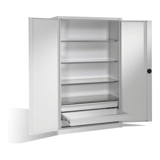 Armoire pour charges lourdes C+P avec portes battantes, 4 tablettes et 3 tiroirs, H1950xL1200xP500mm Façade gris clair Corps gris clair