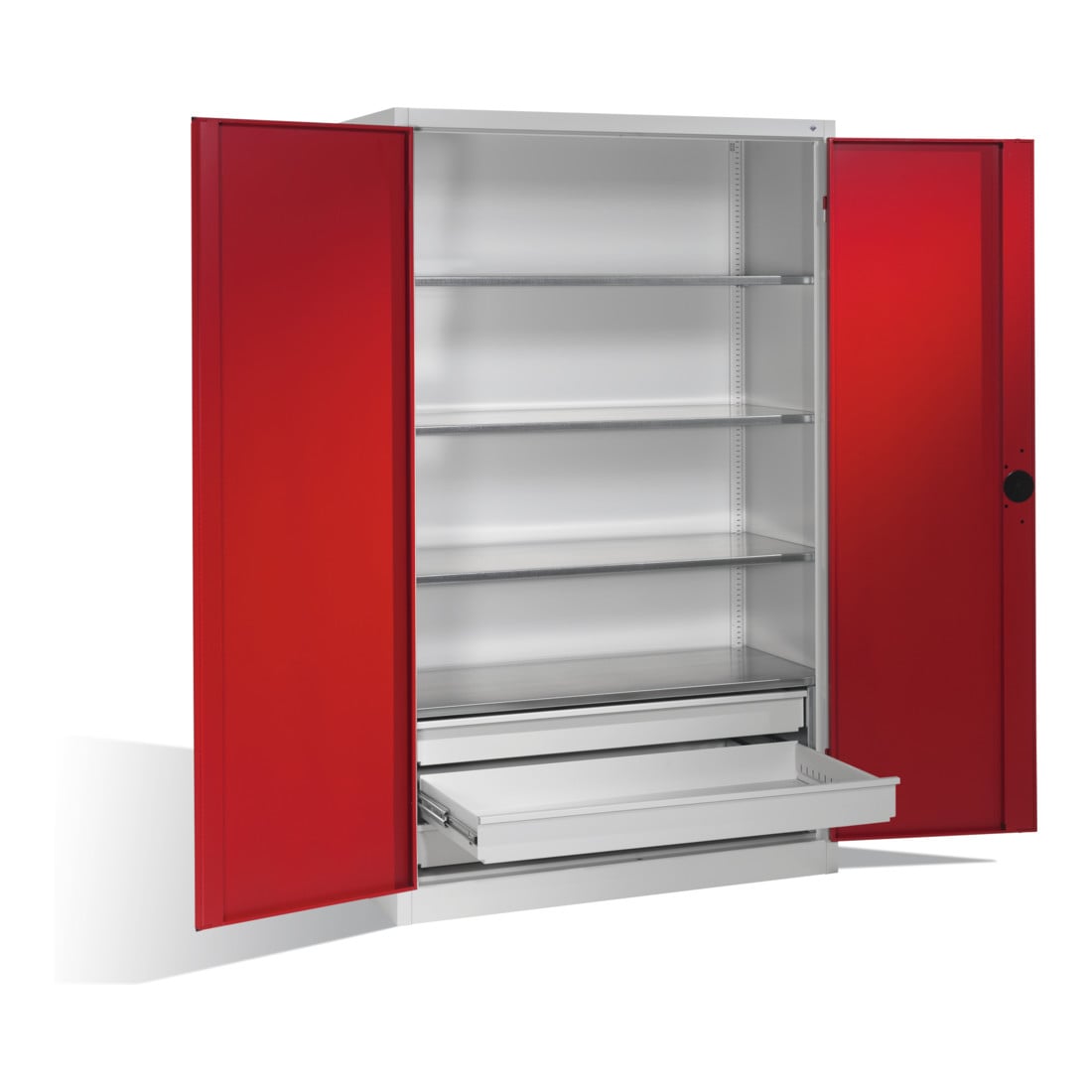 Armoire pour charges lourdes C+P avec portes battantes, 4 tablettes et 3 tiroirs, H1950xL1200xP500mm Façade rouge rubis Corps gris clair