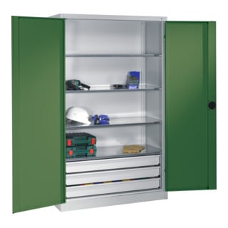 Armoire pour charges lourdes C+P avec portes battantes, 4 tablettes et 3 tiroirs, H1950xL1200xP500mm Façade vert réséda Corps gris clair