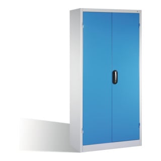 Armoire pour charges lourdes C+P avec portes battantes, 4 tablettes et 3 tiroirs, H1950xL930xP500mm Façade bleu clair Corps gris clair
