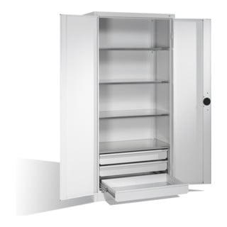 Armoire pour charges lourdes C+P avec portes battantes, 4 tablettes et 3 tiroirs, H1950xL930xP500mm Façade gris clair Corps gris clair