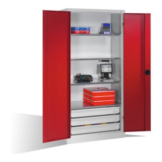 Armoire pour charges lourdes C+P avec portes battantes, 4 tablettes et 3 tiroirs, H1950xL930xP500mm Façade rouge rubis Corps gris clair