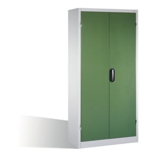 Armoire pour charges lourdes C+P avec portes battantes, 4 tablettes et 3 tiroirs, H1950xL930xP500mm Façade vert réséda Corps gris clair