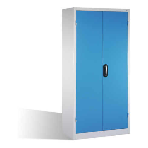 Armoire pour charges lourdes C+P avec portes battantes, 4 tablettes et 3 tiroirs, H1950xL930xP600mm Façade bleu clair Corps gris clair