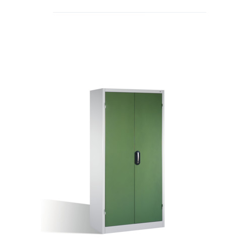 Armoire pour charges lourdes C+P avec portes battantes, 4 tablettes et 3 tiroirs, H1950xL930xP600mm Façade vert réséda Corps gris clair