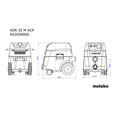 Aspirateur universel Metabo ASR 35 M ACP avec secoueur électromagnétique et mise en marche automatique avec mesure de la différence de pression ; boîte en carton