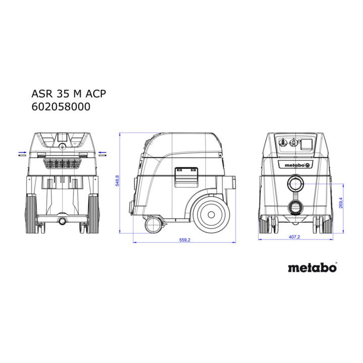 Aspirateur universel Metabo ASR 35 M ACP avec secoueur électromagnétique et mise en marche automatique avec mesure de la différence de pression ; boîte en carton