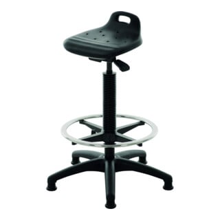 Assis-debout avec patins et repose-pieds STIER, hauteur d'assise 570-820 mm, assise en PU, avec poignée