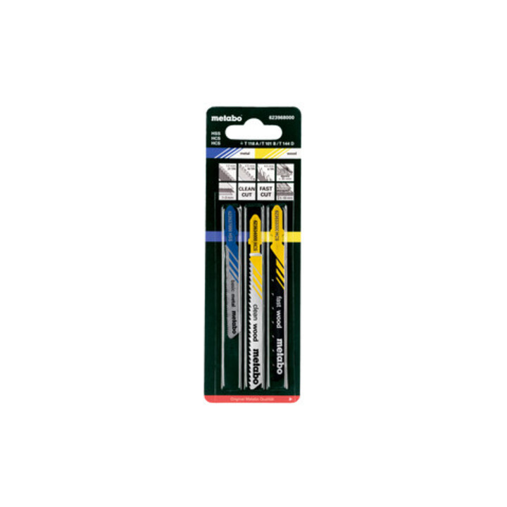 Assortiment 1 de lames de scies sauteuses, bois+métal, 3 pièces, HCS/HSS, 2 lames bois, 1 lame métal metabo