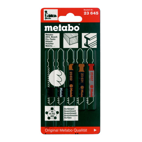 Assortiment 2 de lames de scies sauteuses, bois+métal+plastiques, 5 pièces, HCS/HSS, 4 lames bois, 1 lame métal metabo