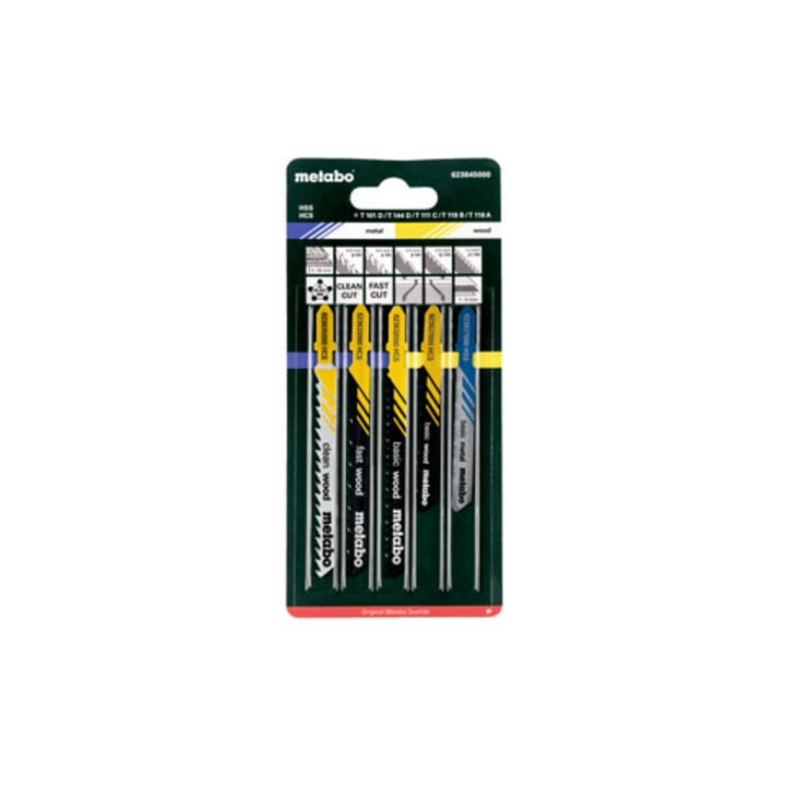 Assortiment 2 de lames de scies sauteuses, bois+métal+plastiques, 5 pièces, HCS/HSS, 4 lames bois, 1 lame métal metabo