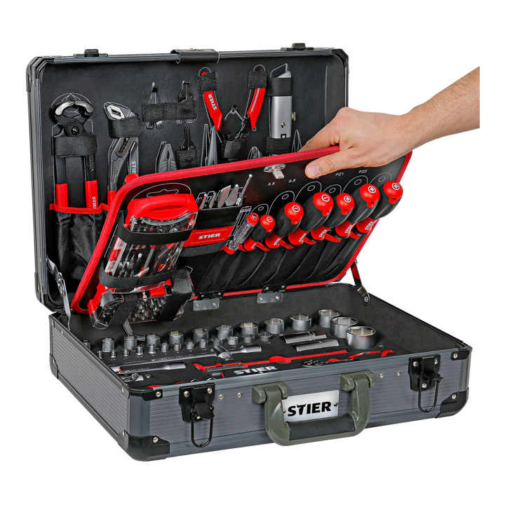 Assortiment de 135 outils universels STIER dans une valise en aluminium