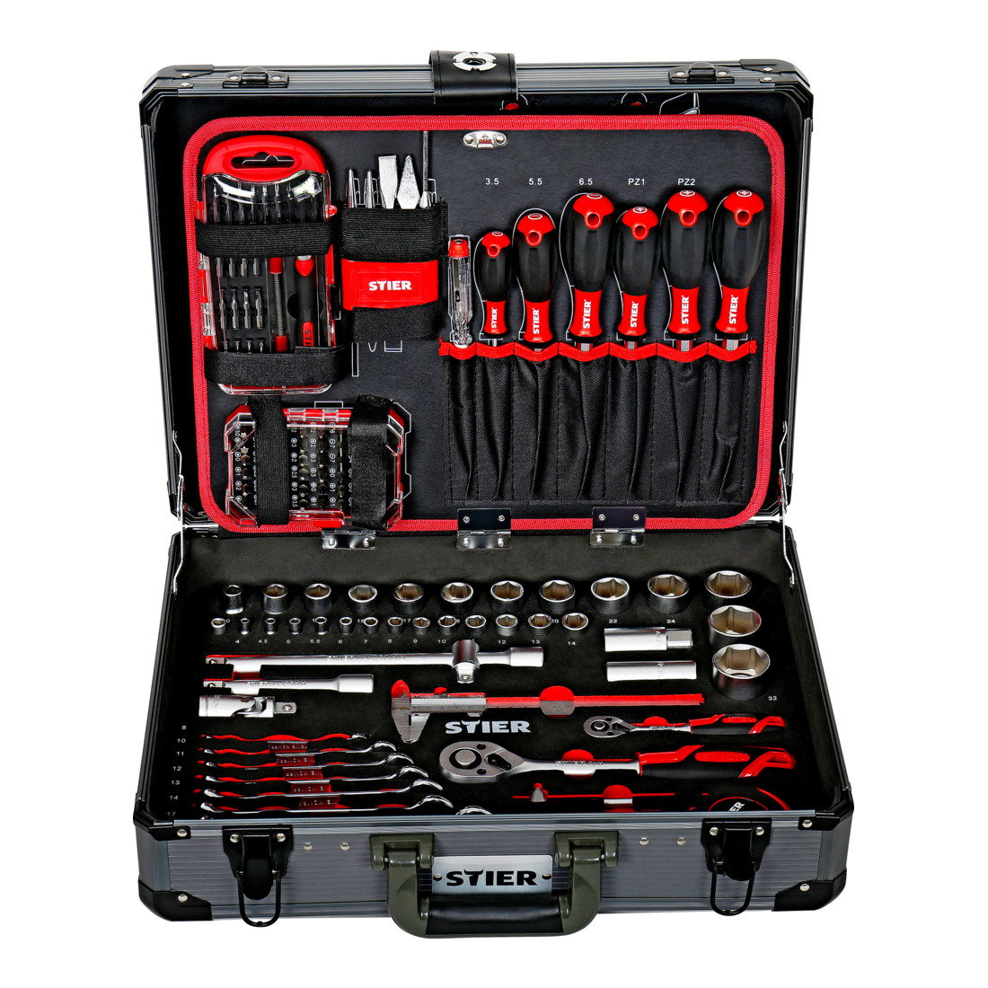 Assortiment de 135 outils universels STIER dans une valise en aluminium