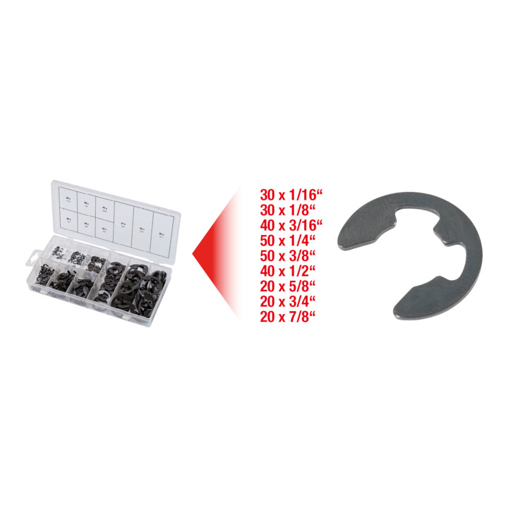 Assortiment de circlips de type E en pouces, 300 pcs.