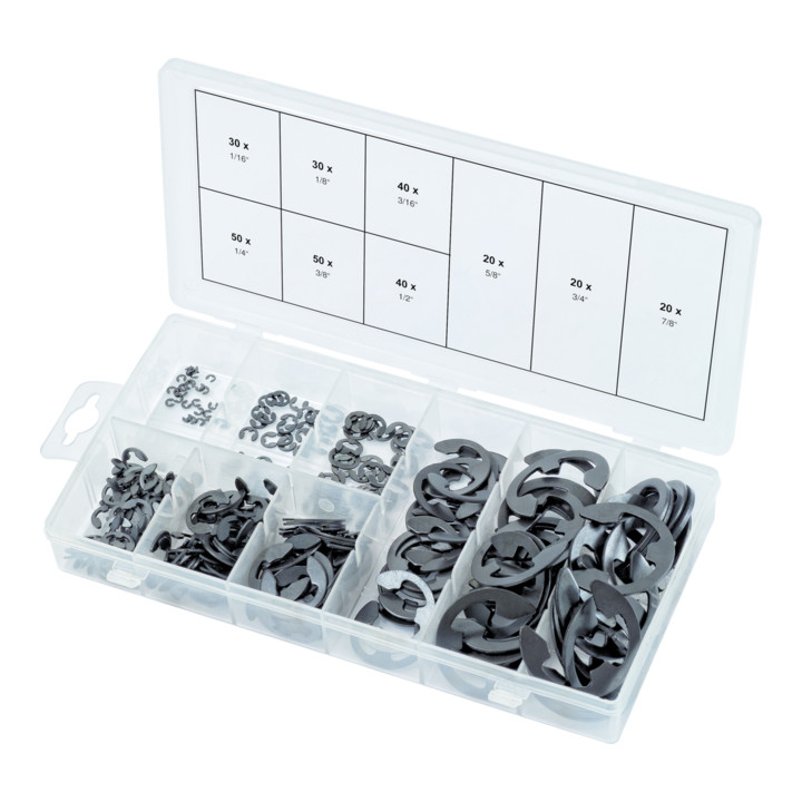 Assortiment de circlips de type E en pouces, 300 pcs.