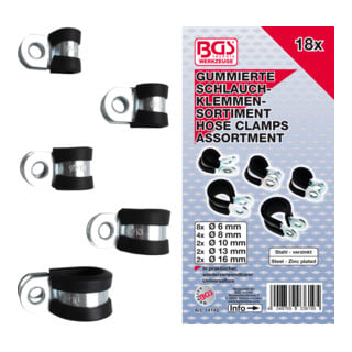 Assortiment de colliers de tuyau à revêtement caoutchouc Ø 6 - 16 mm 18 pièces BGS
