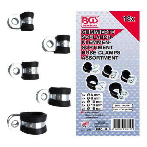 Assortiment de colliers de tuyau à revêtement caoutchouc Ø 6 - 16 mm 18 pièces BGS