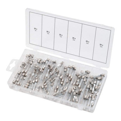 Assortiment de fusibles verres, 5-30A, 120 pcs.