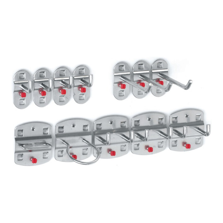 Assortiment de porte-outils 12-pcs.revêtu plastique p. panneaux perforés 9 croch