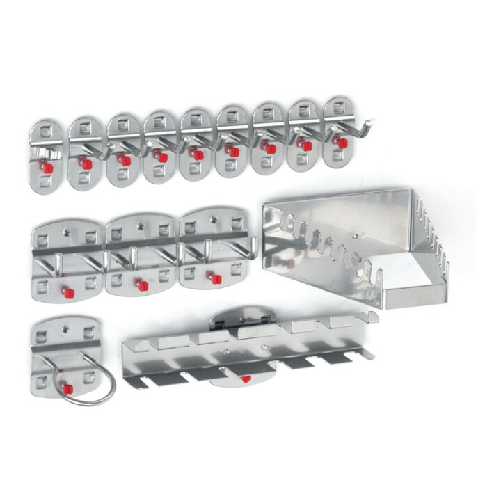 Assortiment de porte-outils 15-pcs. revêtu plastique p. panneaux perforés 12 cro