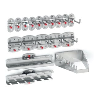 Assortiment de porte-outils 18-pcs. revêtu plastique p. panneaux perforés 7 croc