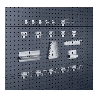 Assortiment de porte-outils 20pces galvanisé p. panneaux perforés 10 crochet/5 s