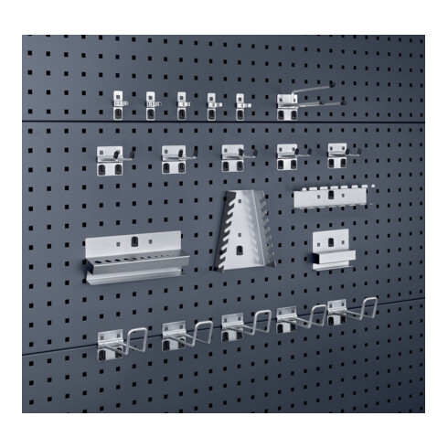 Assortiment de porte-outils 20pces galvanisé p. panneaux perforés 10 crochet/5 s