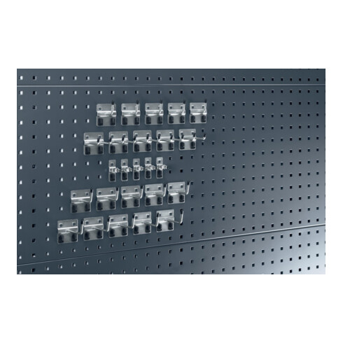 Assortiment de porte-outils 25-pcs. galvanisé p. panneaux perforés 15 crochets/5