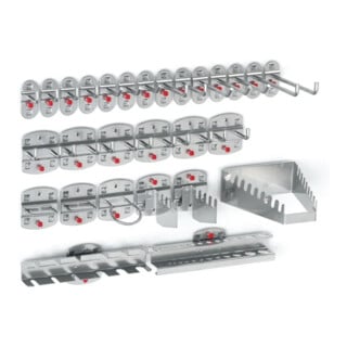 Assortiment de porte-outils 28-pcs.revêtu plastique p. panneaux perforés 14 croc