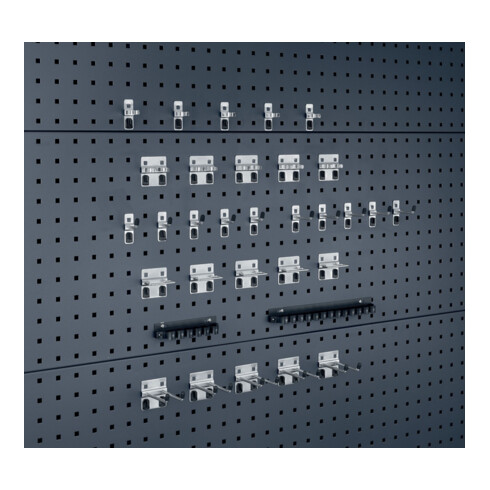 Assortiment de porte-outils 32-pcs.galvanisé p. panneaux perforés 15 crochet/7 s