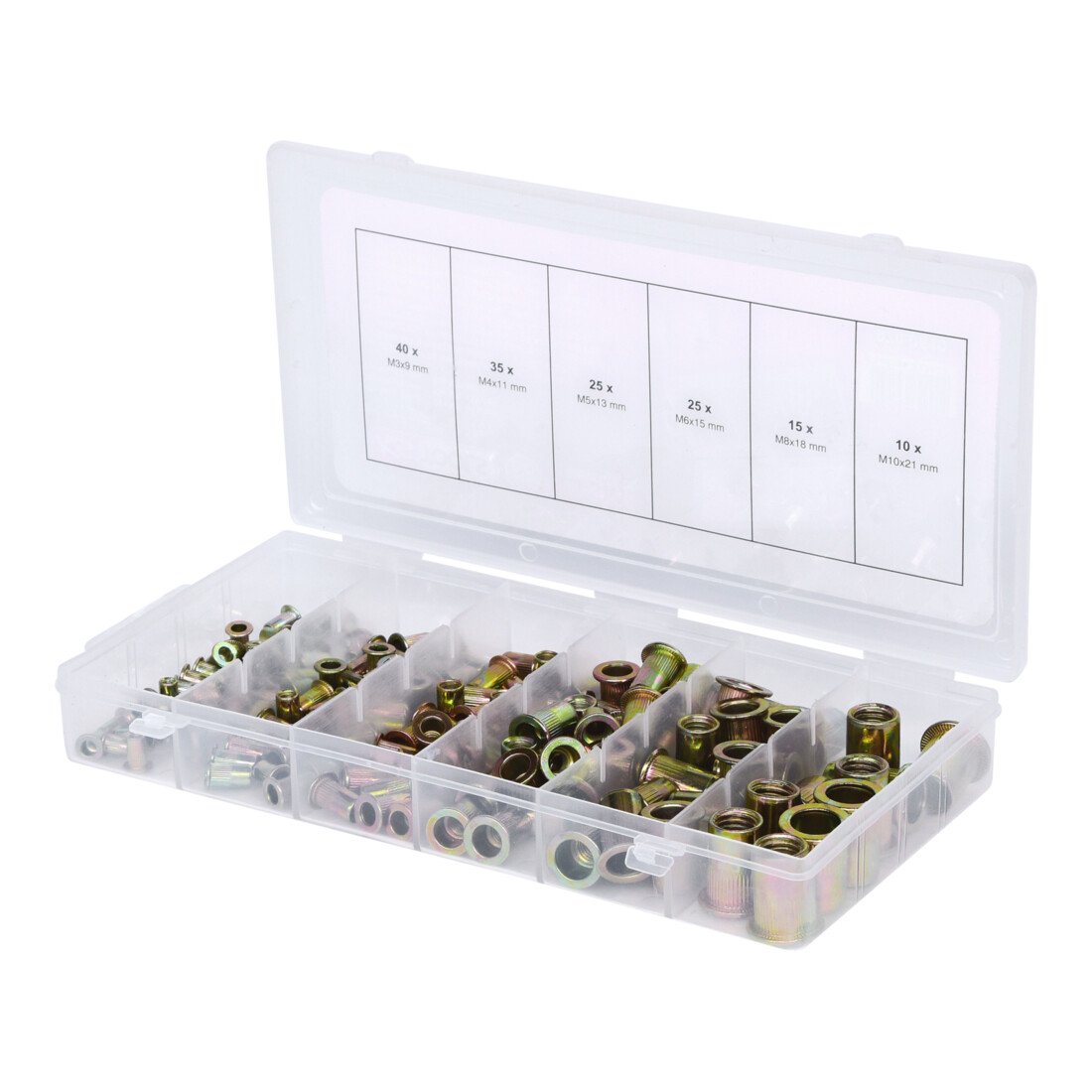 Assortiment de rivets filetes acier, M3x9mm-M10x21mm, 150 pcs.