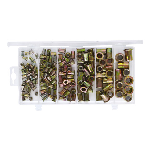 Assortiment de rivets filetes acier, M3x9mm-M10x21mm, 150 pcs.
