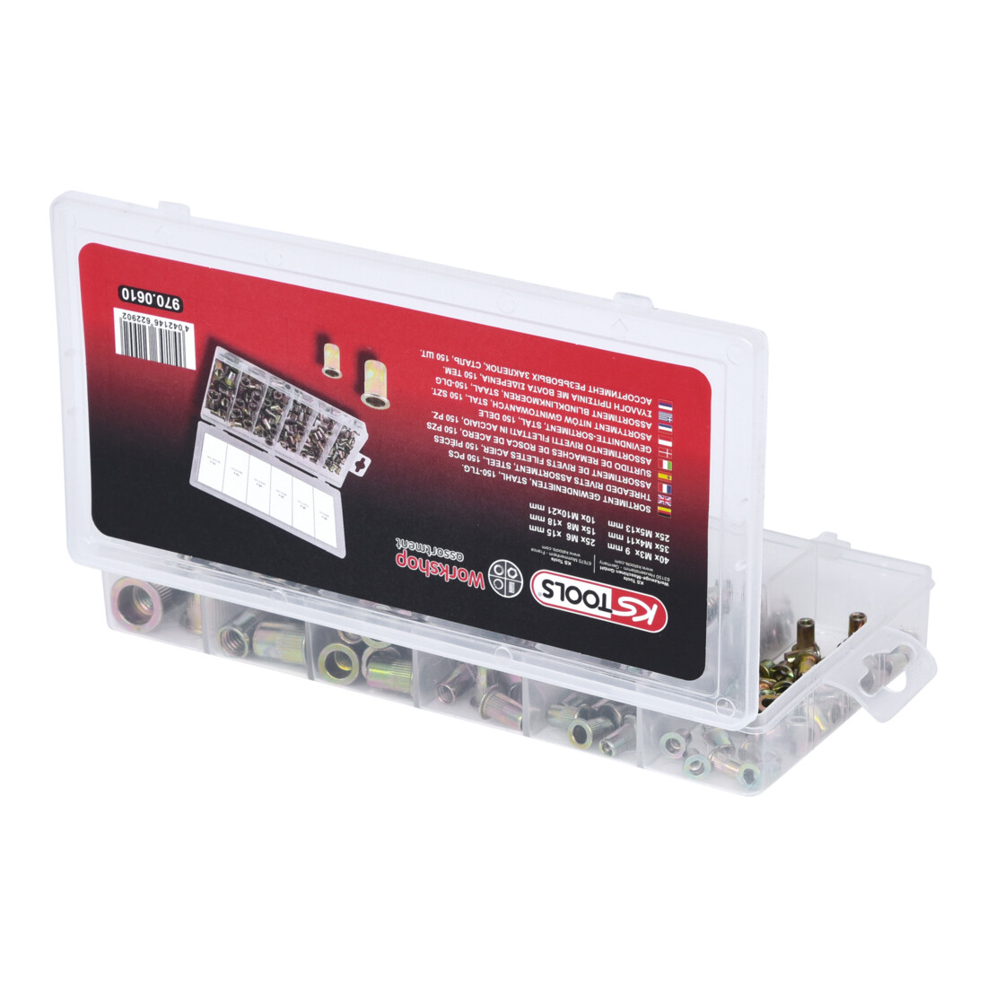 Assortiment de rivets filetes acier, M3x9mm-M10x21mm, 150 pcs.